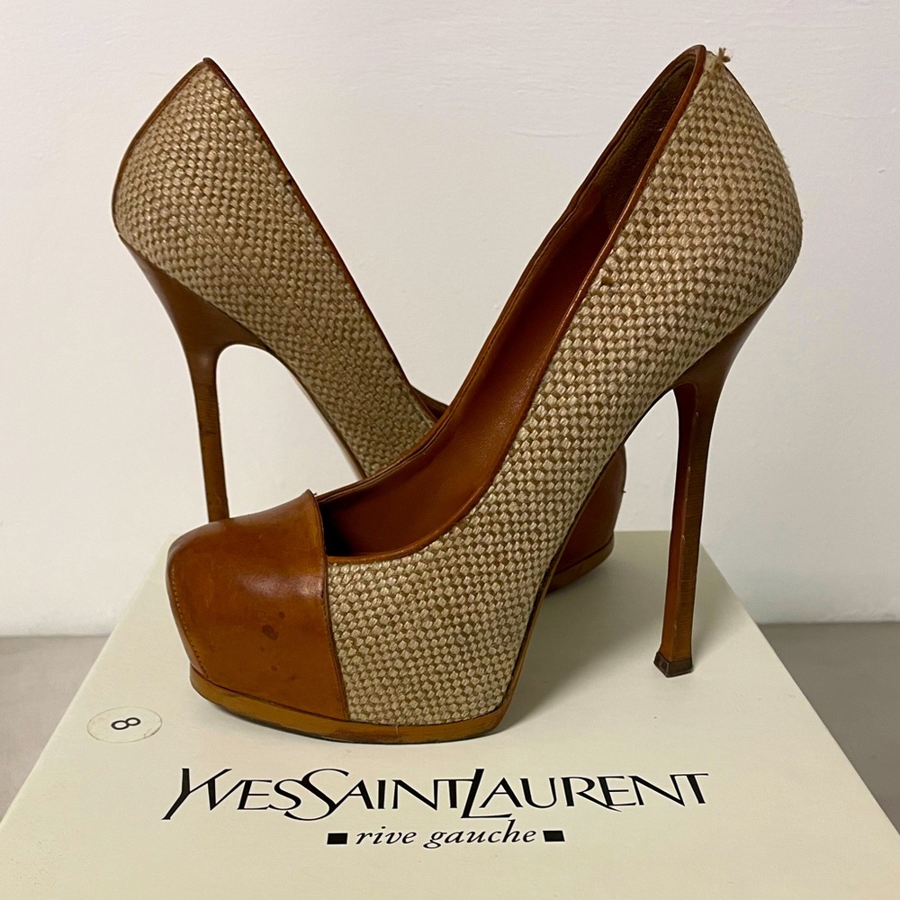 Saint Laurent Brown Natural Cap-toe Tribtoo Almond Pumps